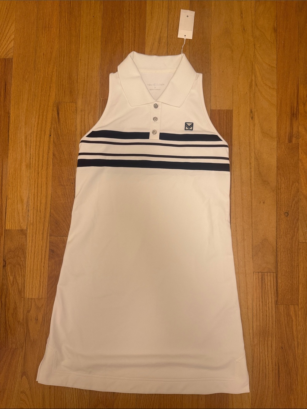 Tory Burch White Sleeveless Sports Polo Dress with Navy Stripes